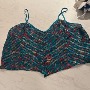 Victorias Secret Gold Label Teal Floral Satin Crop Cami Top